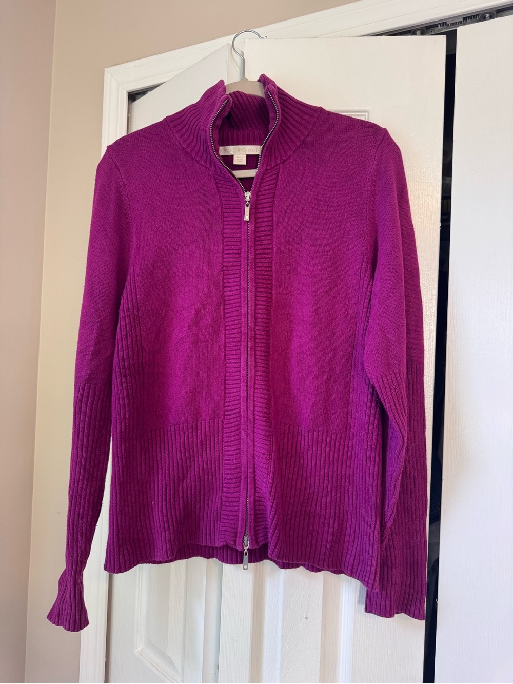 Boston Proper Magenta Purple Ribbed Silk Blend Knit Zip Mock Neck Sweater Large